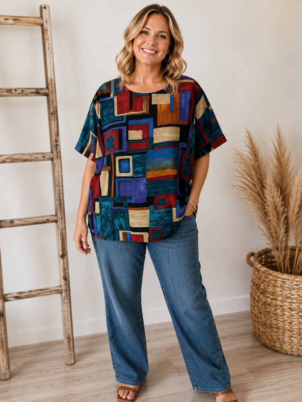 Vintage Kensington Square Geometric Abstract Print Blouse Art To Wear Boho 80s